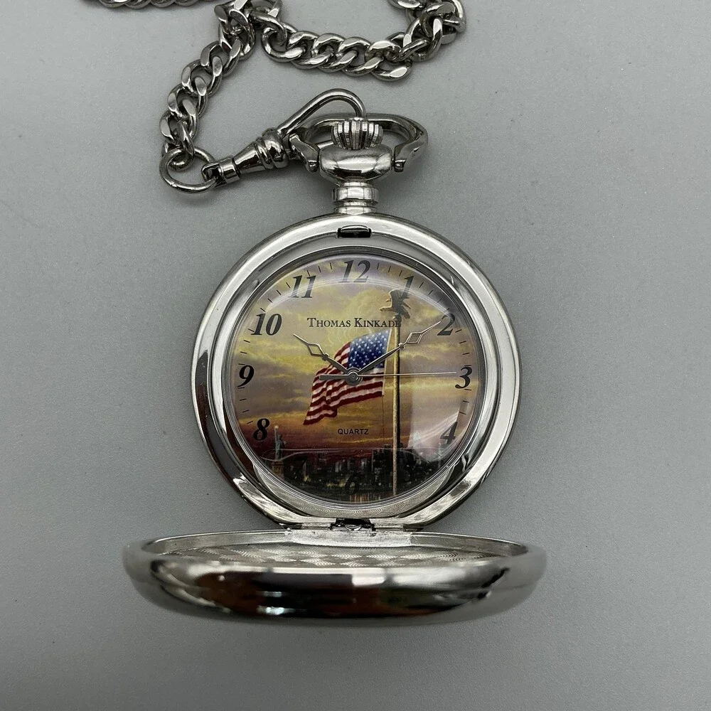 Thomas Kinkade The Light of Freedom Pocket Watch 50mm Silver Tone Flag Hunter